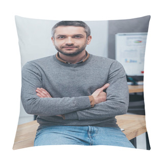 Personality  Handsome Bearded Businessman Sitting On Table With Crossed Arms And Looking At Camera Pillow Covers
