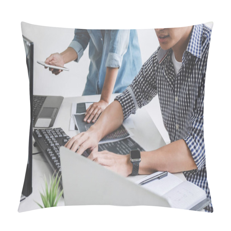 Personality  Writing Codes And Typing Data Code Technology, Programmer Cooperating Working On Web Site Project In A Software Developing On Desktop Computer At Company. Pillow Covers