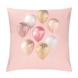 Personality  Set Of Pink, White And Golden Glossy Balloons On The Stick With Sparkles On Pink Background. 3D Render For Birthday, Party, Wedding Or Promotion Banners Or Posters. Vibrant And Realistic Illustration. Pillow Covers