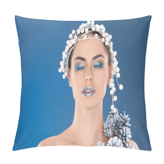 Personality  Portrait Of Beautiful Woman With Hair Accessory, Christmas Pine Cones, Winter Makeup And Glitter, Isolated On Blue Pillow Covers