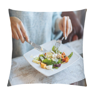 Personality  Woman's Hands With Caesar Salad On Table In Restaurant Pillow Covers