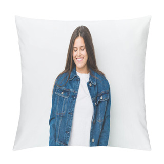 Personality  Young Cute Woman Laughs And Closes Eyes, Feels Relaxed And Happy. Pillow Covers