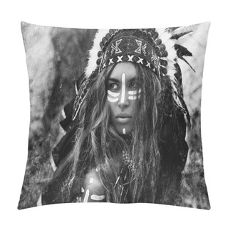 Personality  Portrait Of Beautiful Woman In Primitive Indian Hunter Concept Pillow Covers