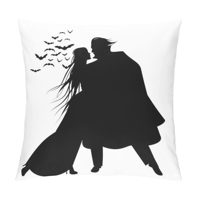 Personality  Silhouette of romantic and victorian couple dancing. Cloud of bats on the background. Isolated. pillow covers