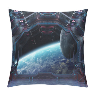 Personality  Grunge Spaceship Blue And Pink Interior With View On Planet Earth 3D Rendering Elements Of This Image Furnished By NASA Pillow Covers