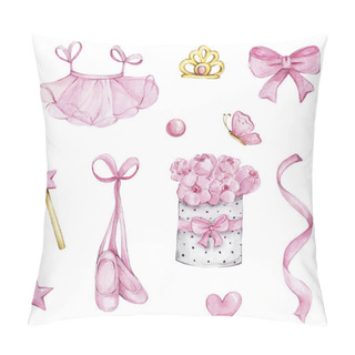 Personality  Ballet Set With Pink Tutu Skirt, Pointe Shoes, Flowers, Bow, Magic Wand, Crown, Butterfly, Heart; Watercolor Hand Draw Illustration;can Be Used For Cards Or Kid Posters; With White Isolated Background Pillow Covers