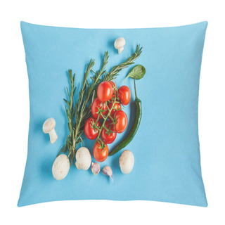 Personality  Top View Of Delicious Fresh Ripe Vegetables On Blue Background Pillow Covers