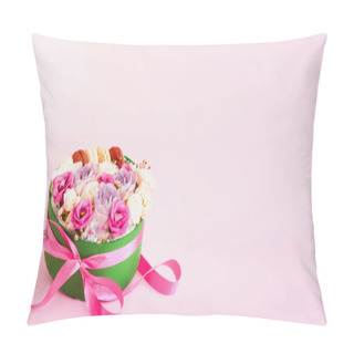 Personality  Festive Concept From Rosebuds And Multicolored Macaroons On Pink Background. National Pink Day.Template Mock Up Of Greeting Card Or Design. Pillow Covers