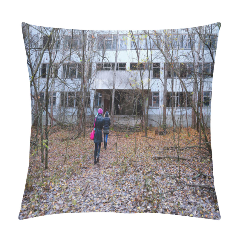 Personality  PRIPYAT, UKRAINE - NOVEMBER 11, 2018: Unknown Tourists Go To Abandoned School Building In Dead Ghost Town Of Pripyat In Chernobyl NPP Alienation Zone, Ukraine Pillow Covers