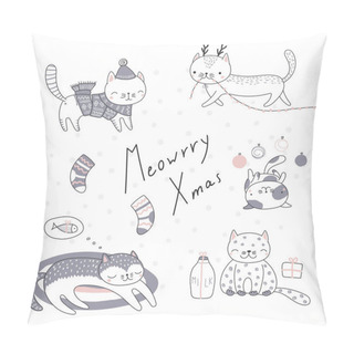 Personality Christmas Card With Collection Of Cartoon Cats Pillow Covers