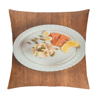 Personality  Russian Salad On Plate With Scattered Peas, Boiled Eggs And Fish Slices    Pillow Covers