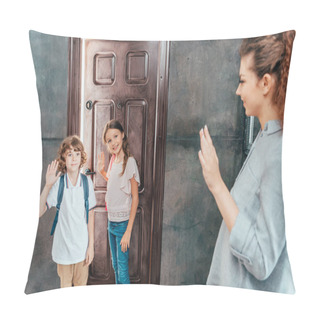 Personality  Mother Seeing Off Her Kids To School Pillow Covers