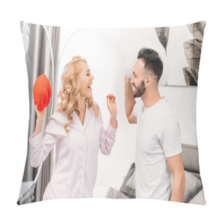 Personality  Laughing Couple Looking At Each Other And Holding Toy Hearts Pillow Covers