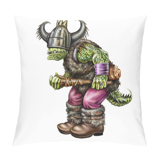 Personality  Green Troll With Baton, Cartoon Goblin, Evil Muscular Orc, Fairytale Character Isolated On White Background Pillow Covers