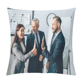 Personality  Smiling Businesspeople Giving High Five Near Mature Colleague In Office  Pillow Covers