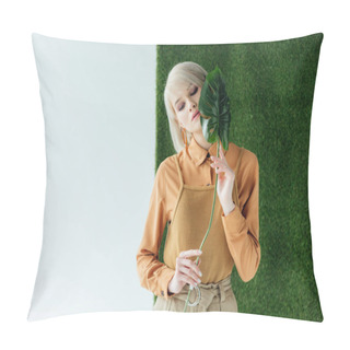 Personality  Beautiful Stylish Girl Posing With Monstera Leaf On White With Green Grass  Pillow Covers