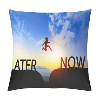 Personality  Woman Jump Through The Gap Between Later To Now On Sunset. Pillow Covers