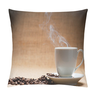 Personality  Cup Of Hot Coffee About The Ferry And Grains Of Coffee On Grunge Pillow Covers