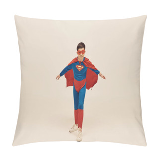 Personality  Courageous Asian Boy In Red And Blue Superhero Costume With Cloak And Mask On Face Celebrating International Day For Protection Of Children On Grey Background  Pillow Covers