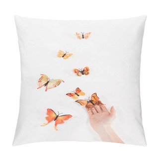 Personality  Cropped View Of Woman Releasing Butterflies On White Background, Environmental Saving Concept  Pillow Covers