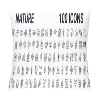 Personality  Outline Set Of Nature Line Icons. Linear Vector Icons Such As Lemon Leaf,yucca,cercis Leaf,pecan Leaf,pine Tree On Fire,bilberry Leaf,chemical Structure,oak Leaf. Vector Illustration Pillow Covers
