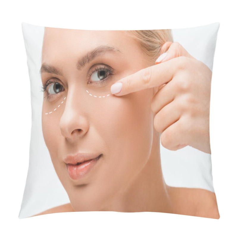 Personality  Beautiful Woman Pointing With Finger At Plastic Surgery Marks Under Eyes Isolated On White  Pillow Covers