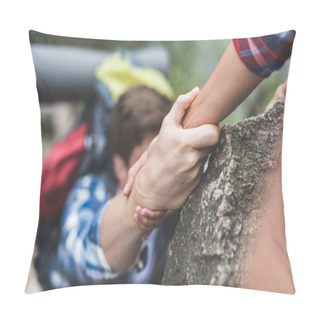 Personality  Woman Helping Boyfriend To Climb Rock Pillow Covers