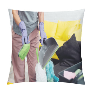 Personality  Close Up Of Woman In Gloves With Household Supplies Pillow Covers