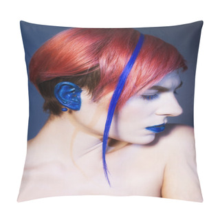 Personality  Young Person With Blue Eye Shadows, Blue Ears And Pink Hair With Blue Strand On It Looking At Camera And Hands Near Face. Black Background Pillow Covers