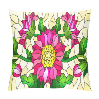 Personality  Illustration In Stained Glass Style With A Bouquet Of Pink Flowers On A Yellow Background Pillow Covers