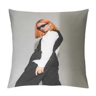 Personality  Fashion Photography, Sensual And Young Asian Woman With Colored Red Hair Standing And Looking At Camera On Grey Shaded Background, Dark Sunglasses, White Shirt, Black Vest, Modern Fashion Shoot Pillow Covers