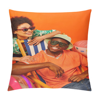 Personality  Smiling Young African American Best Friends In Sunglasses And Summer Outfits Spending Time Together Near Deck Chair, Beach Ball And Swim Ring On Orange Background, Fashion-forward Friends Pillow Covers