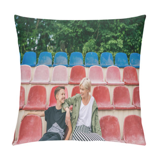 Personality  Happy Mother And Son Smiling Each Other While Sitting Together On Stadium Seats Pillow Covers