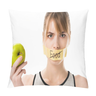 Personality  Young Woman With Stick Tape With Striked Through Word Food Covering Mouth Holding Apple Isolated On White Pillow Covers