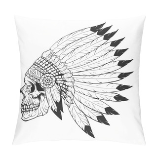 Personality  Vector Monochrome Illustration Of Stylized Skull Wearing Native  American War Bonnet Pillow Covers
