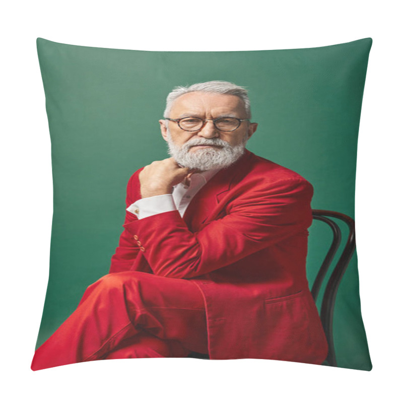 Personality  Elegant Handsome Santa In Red Suit Posing On Chair With His Hand Near Face, Christmas Concept Pillow Covers