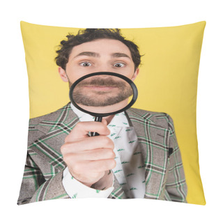 Personality  Wide Angle View Of Stylish Man In Jacket Holding Magnifying Glass Isolated On Yellow   Pillow Covers