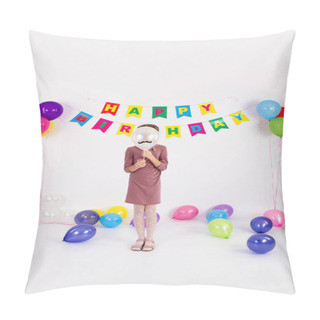 Personality  The Girl Covered Her Face With A Balloon. Garland Happy Birthday, White Background Pillow Covers