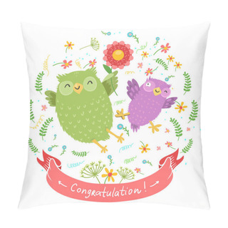 Personality  Cartoon  Owls With Bright Flowers Pillow Covers