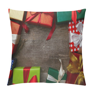 Personality  Flat Lay With Presents Wrapped In Different Wrapping Papers With Ribbons On Wooden Surface, Christmas Background Pillow Covers