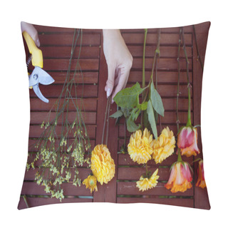Personality  Flowers And Tools On The Table, Florist Workplace, Still Life Top View Pillow Covers