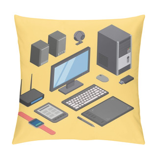 Personality  Computer, Hardware And Modern Digital Equipment Technique Vector Illustration Isometric. Pillow Covers