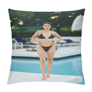 Personality  Captivating And Sexy Brunette Woman Dressed In A Stunning Black Bikini Standing Next To Public Swimming Pool In The Vibrant City Of Miami, USA, Luxury Resort, Blurred Background  Pillow Covers