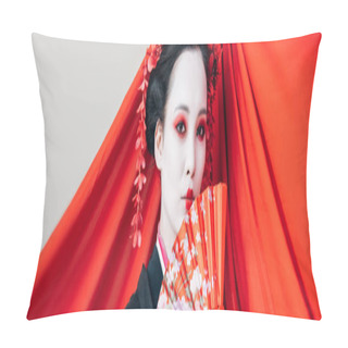Personality  Beautiful Geisha In Black Kimono With Hand Fan And Red Cloth On Background Isolated On White, Panoramic Shot Pillow Covers
