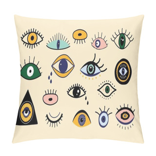 Personality  Evil Eyes Set. Hand Drawn Abstract Talismans, Doodle Eye Shapes Cartoon Greek Style. Trendy Vector Illustration Pillow Covers