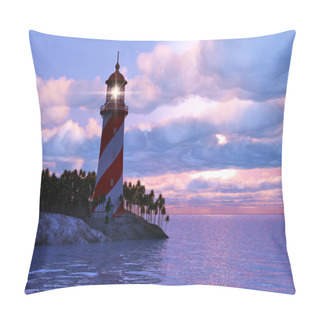 Personality  Dramatic Sunset With Lighthouse On Island In Sea Pillow Covers