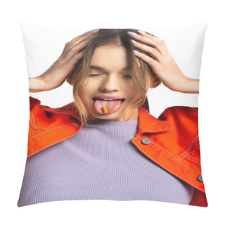 Personality  Woman Sticking Out Tongue With Capsule Isolated On White  Pillow Covers
