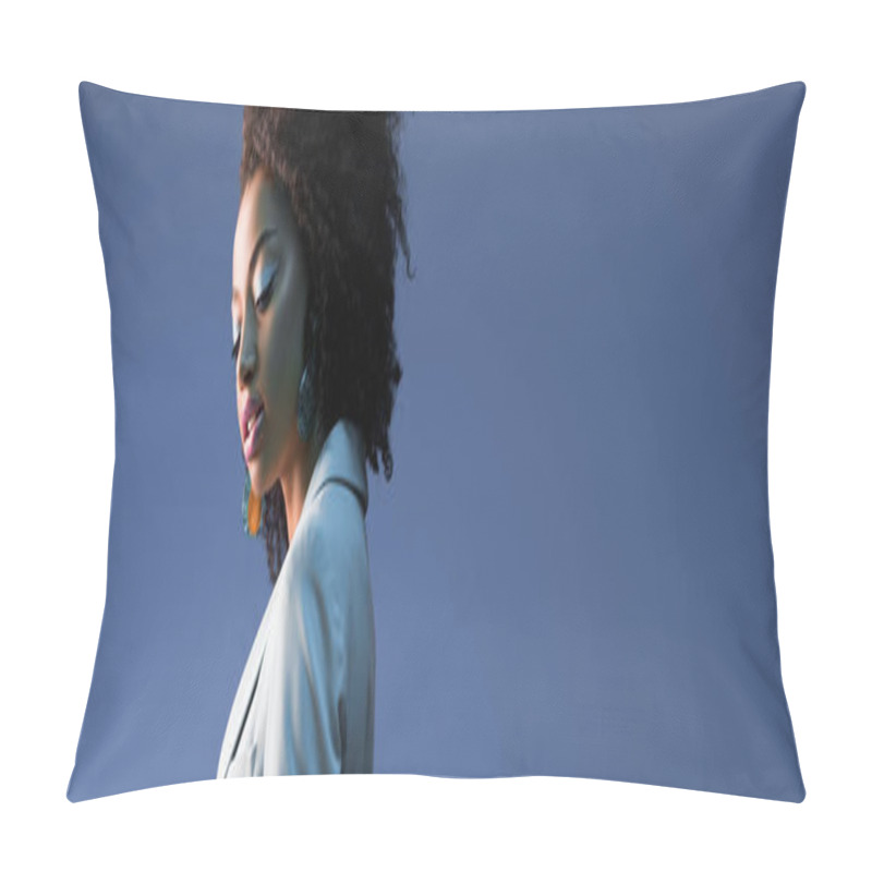 Personality   Panoramic Shot Of Attractive African American Woman In Suit Isolated On Purple  Pillow Covers