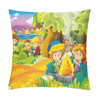 Personality  Cartoon Autumn Nature Background With Kids Having Fun By The Lake Camping And Grilling - Illustration For Children Pillow Covers