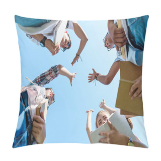 Personality  Bottom View Of Happy Multiethnic Teenage Classmates Giving High Five In Park  Pillow Covers